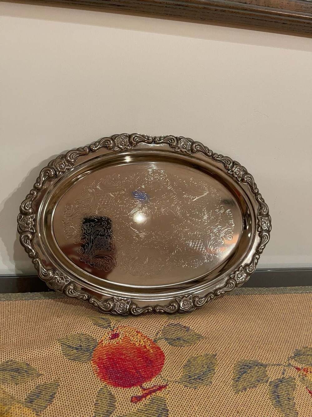 Vintage Silver Plated Oval Serving Tray with Rose Border 15 Inch